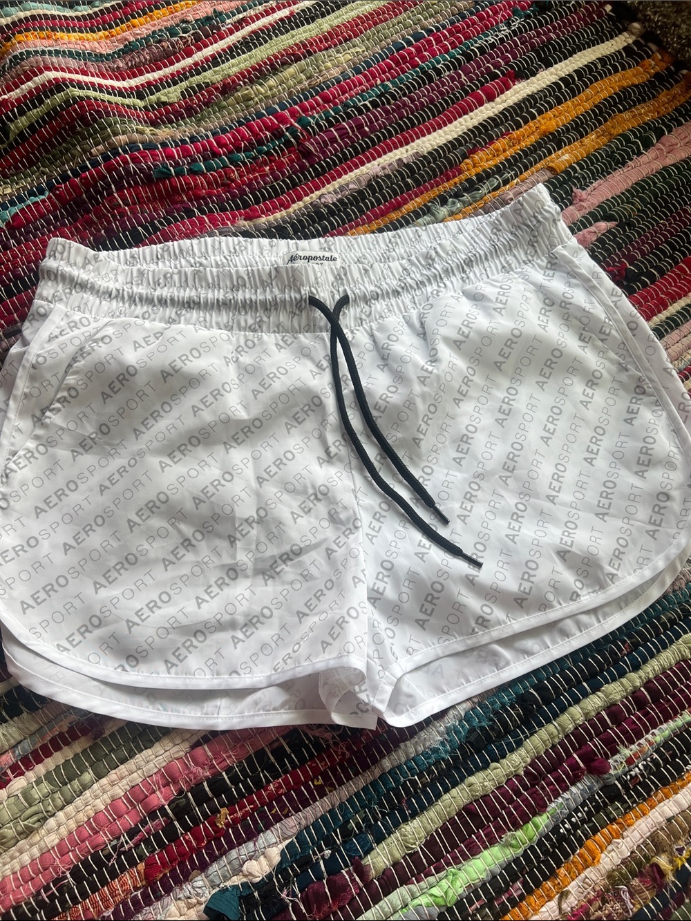 Aeropostale White Shorts with Black Drawstring and Logo Print